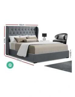 Queen Size Gas Lift Bed Frame Base With Storage Mattress Grey Fabric Wooden -Linen House Shop 795723040 2 720x928