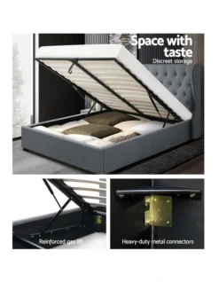 Queen Size Gas Lift Bed Frame Base With Storage Mattress Grey Fabric Wooden -Linen House Shop 795723040 4 720x928