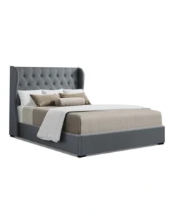 King Size Gas Lift Bed Frame Base With Storage Mattress Grey Fabric Wooden