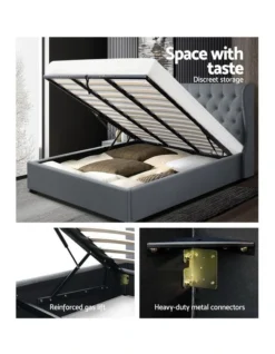 King Size Gas Lift Bed Frame Base With Storage Mattress Grey Fabric Wooden -Linen House Shop 795723580 4 720x928