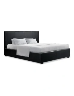 Queen Size Bed Frame Gas Lift PU Leather Wooden Storage Steel Black