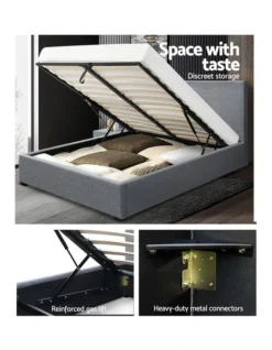 Double Size Bed Frame Gas Lift Linen Fabric Wooden Storage Steel Grey -Linen House Shop 795725650 4 720x928