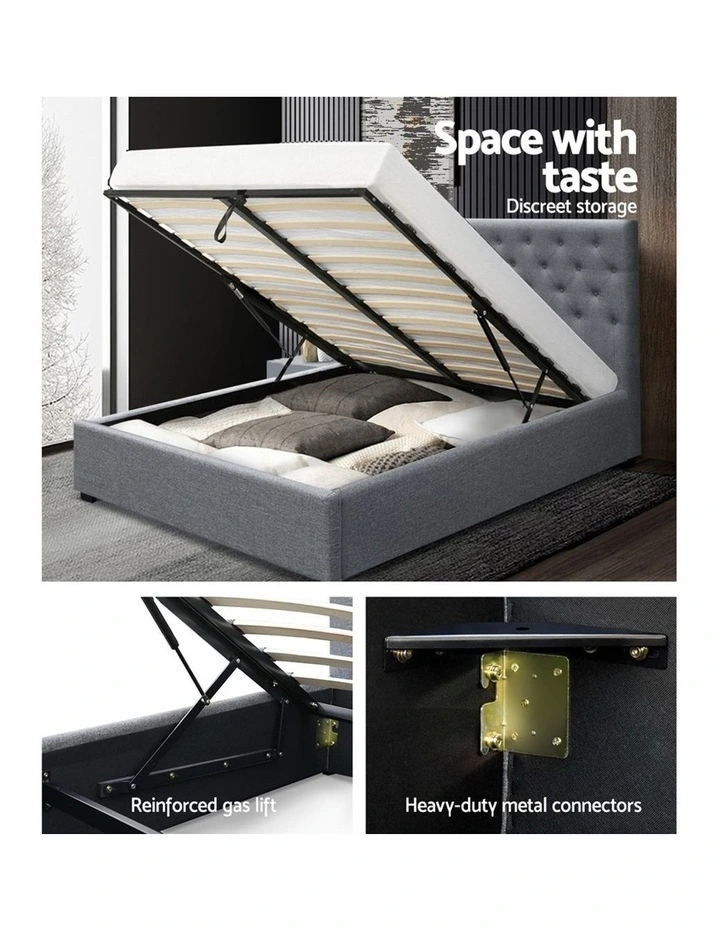 Queen Size Gas Lift Bed Frame Base With Storage Mattress Grey Fabric VILA 6 Queen Size Gas Lift Bed Frame Base With Storage Mattress Grey Fabric VILA - Image 4