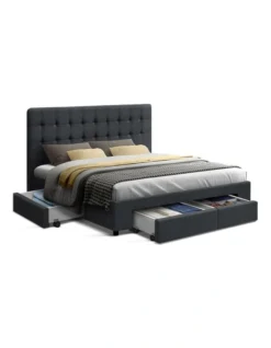 Double Size Fabric Bed Frame Headboard With Drawers Charcoal