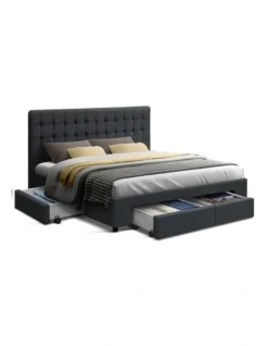 King Size Fabric Bed Frame Headboard With Drawers Charcoal