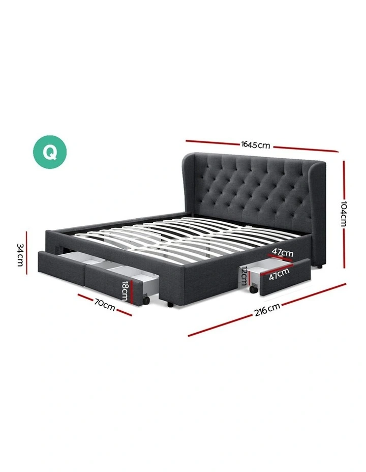 Queen Size Bed Frame Base Mattress With Storage Drawer Charcoal Fabric MILA 4 Queen Size Bed Frame Base Mattress With Storage Drawer Charcoal Fabric MILA - Image 2