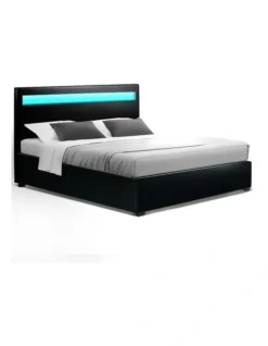 LED Bed Frame Queen Size Gas Lift Base With Storage Black Leather