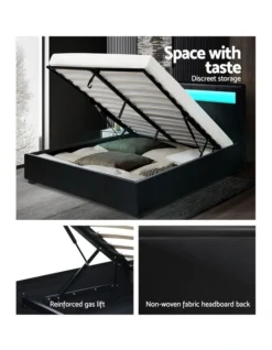 LED Bed Frame Queen Size Gas Lift Base With Storage Black Leather -Linen House Shop 795844900 6 720x928