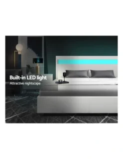 LED Bed Frame Queen Size Gas Lift Base With Storage White Leather -Linen House Shop 795845620 4 720x928