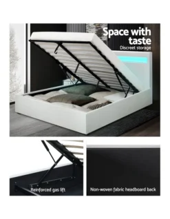 LED Bed Frame Queen Size Gas Lift Base With Storage White Leather -Linen House Shop 795845620 6 720x928