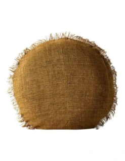 Vintage Linen Fringe 45cm Round Cushion In Bronze