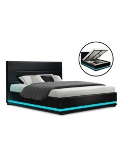 Lumi Gas Lift Bed Frame Black Leather RGB LED Queen -Linen House Shop 887810860 2 720x928