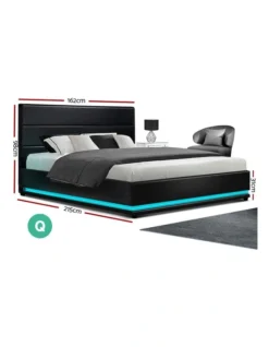 Lumi Gas Lift Bed Frame Black Leather RGB LED Queen -Linen House Shop 887810860 4 720x928