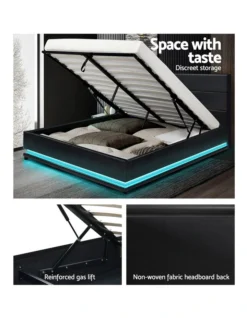 Lumi Gas Lift Bed Frame Black Leather RGB LED Queen -Linen House Shop 887810860 7 720x928